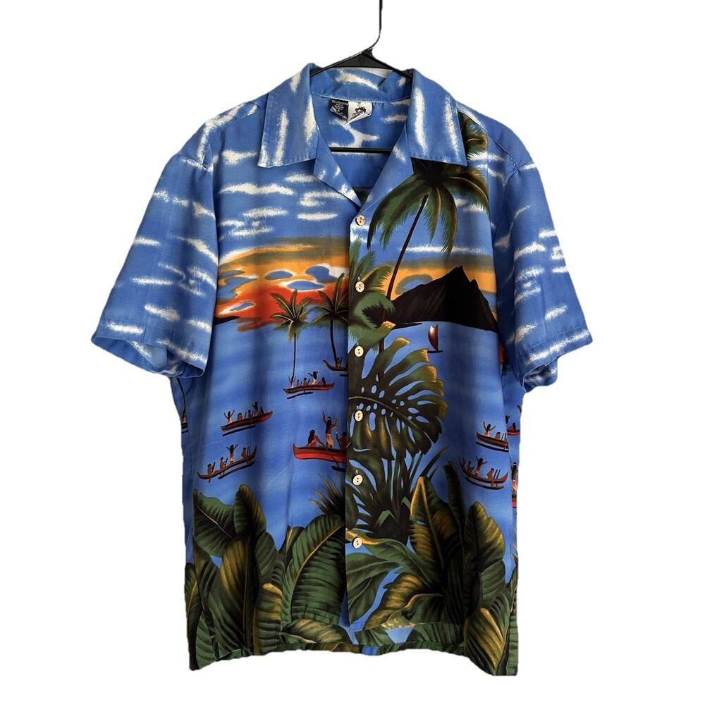 Vtg 80s 90s Kennington California Hawaiian Shirt Men L Blue White Tropical Palm